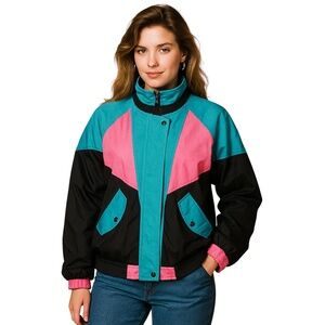 Vintage 90s Neon Pink Blue Colour Block Windbreaker Track Jacket